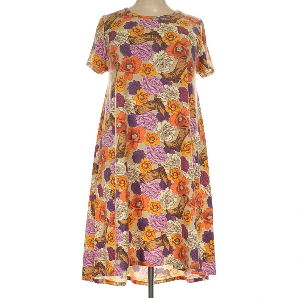 LuLaRoe Womens Carly Dress Size 3XL Floral Cowboy Cowgirl Boots High Low Swing